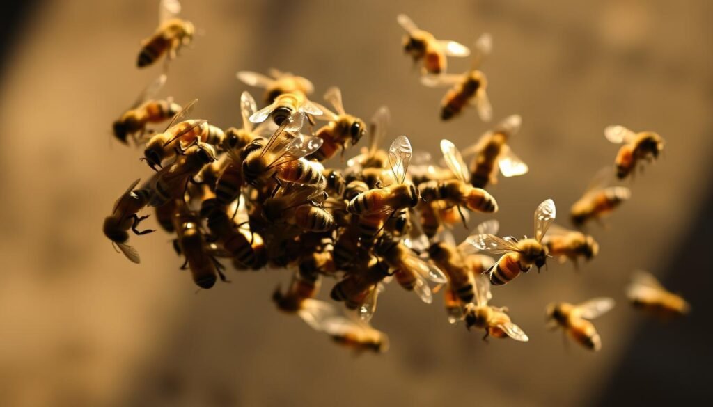 A swarm of bees in mid-flight, captured in a dramatic close-up. The insects appear to be rapidly decelerating, their wings a blur as they veer sharply to the side, evading an unseen predator. The scene is illuminated by a stark, directional light source, casting dramatic shadows and highlights that accentuate the bees' intricate forms and the tension of the moment. The background is blurred, keeping the focus on the bees' evasive maneuvers. The overall mood is one of urgency and adrenaline, conveying the intensity of the bees' fight-or-flight response. A swarm of bees in mid-flight, captured in a dramatic close-up. The insects appear to be rapidly decelerating, their wings a blur as they veer sharply to the side, evading an unseen predator. The scene is illuminated by a stark, directional light source, casting dramatic shadows and highlights that accentuate the bees' intricate forms and the tension of the moment. The background is blurred, keeping the focus on the bees' evasive maneuvers. The overall mood is one of urgency and adrenaline, conveying the intensity of the bees' fight-or-flight response.