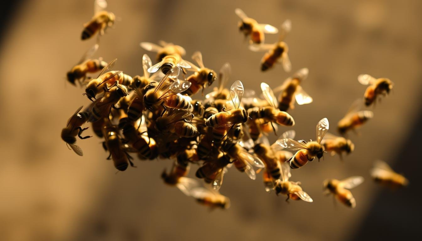 A swarm of bees in mid-flight, captured in a dramatic close-up