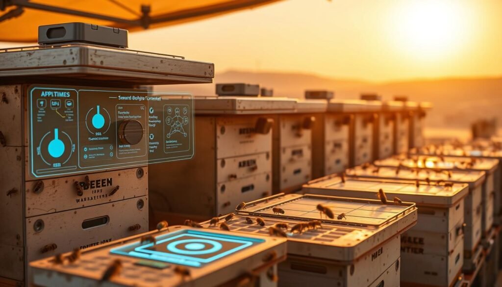 A swarm of connected beehive sensors monitors environmental conditions in an off-grid, solar-powered apiary. Sleek, weatherproof monitoring nodes are discretely integrated into the hive structures, gathering data on temperature, humidity, air quality, and bee activity. A holographic control panel displays real-time analytics, alerting the beekeeper to potential issues. The hives are positioned within a rugged, biome-inspired enclosure, shielding the sensitive electronics from extreme desert heat, sandstorms, and other harsh environmental factors. Futuristic lighting casts a warm, golden glow, evoking the natural ambiance of a healthy hive. The setup embodies resilience, sustainability, and the seamless fusion of nature and technology.