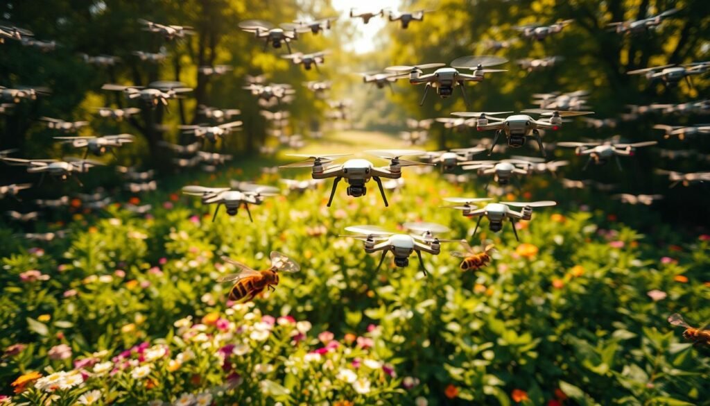 A swarm of drones hovers over a lush, verdant apiary. The drones, sleek and silver, glide effortlessly through the air, their propellers casting a gentle breeze across the scene. The apiary below is a vibrant patchwork of flowering plants, their colors vivid and inviting. Sunlight filters through the canopy, casting a warm, golden glow over the entire composition. The camera angle is slightly elevated, allowing the viewer to observe the intricate dance of the drones as they converge on the apiary, ready to participate in the targeted mating process. The overall mood is one of productive efficiency, with the drones and the apiary working in harmony to achieve their natural objectives.
