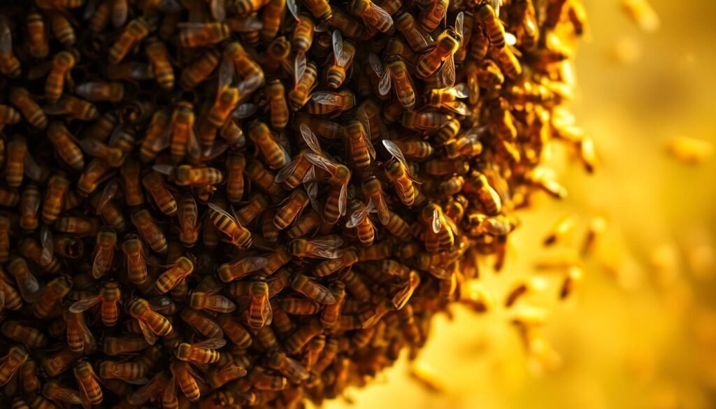 A swarm of honey bees clustered tightly together, their wings buzzing furiously as they struggle to regulate their body temperature. The hive is bathed in a warm, golden glow, casting a hazy, dreamlike atmosphere. In the foreground, individual bees can be seen panting and fanning their wings, their bodies glistening with sweat. The middle ground reveals the chaotic dance of the colony, as bees frantically move in and out of the hive, seeking respite from the oppressive heat. The background is hazy, with a sense of stillness and tension, hinting at the looming threat of colony collapse. The scene evokes a sense of vulnerability and the delicate balance of life within the hive, as the bees fight to survive in the face of rising temperatures.