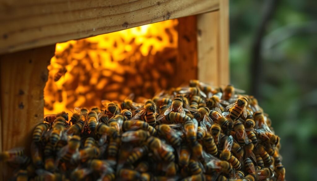 A swarm of honey bees clustering around the entrance of a wooden beehive, with worker bees engaged in a lively waggle dance to share information about potential new nesting sites. In the foreground, a group of scout bees intently observing the dance movements, their bodies angled and antennae alert, as they process the data and weigh the options. The middle ground showcases the interior of the hive, where more bees congregate, their movements and interactions suggesting a collective decision-making process. The background is softly lit, with a warm, golden glow emanating from the hive's interior, creating a sense of focus and deliberation. The overall scene conveys the complex decision-making dynamics of a bee colony as it evaluates prospective new homes.