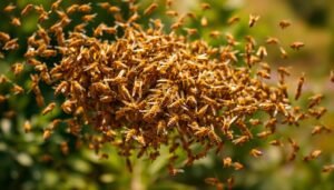 A swarm of honeybees in mid-flight, their golden bodies glistening in the warm afternoon sun