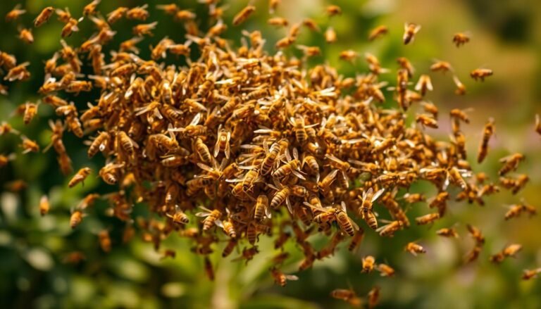 A swarm of honeybees in mid-flight, their golden bodies glistening in the warm afternoon sun