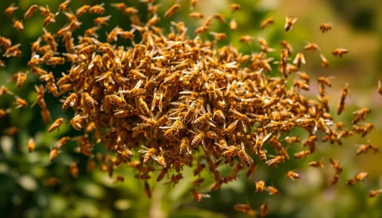 A swarm of honeybees in mid-flight, their golden bodies glistening in the warm afternoon sun