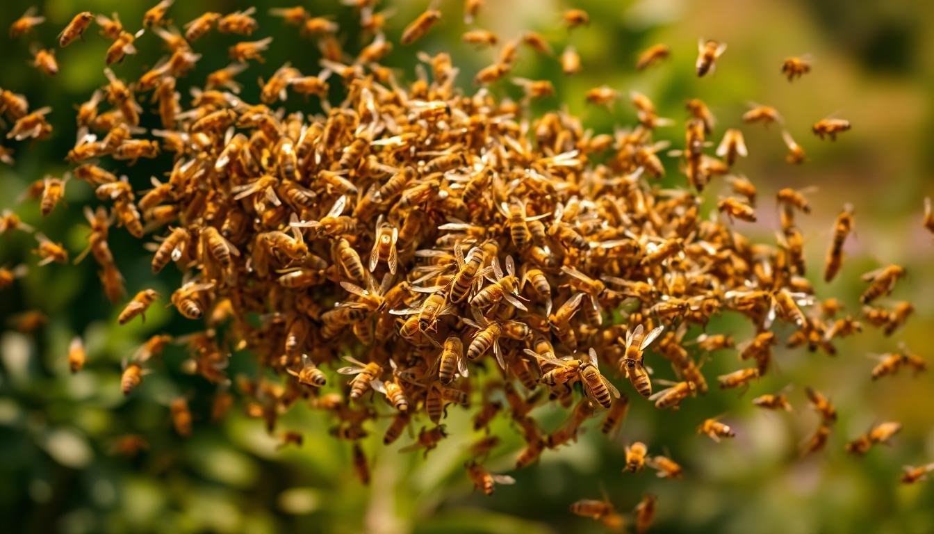 A swarm of honeybees in mid-flight, their golden bodies glistening in the warm afternoon sun