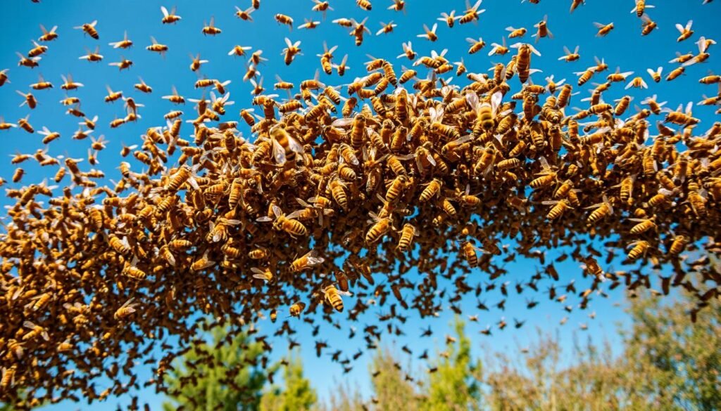 A swarm of honeybees in mid-flight, with thousands of insects in tight formation, creating a dense, undulating cloud against a bright blue sky. In the foreground, the queen bee is visible, her larger size and distinctive markings setting her apart from the workers. The surrounding bees are in a state of energetic activity, their wings a blur as they follow the queen's pheromone trail. The scene is captured with a wide-angle lens, emphasizing the scale and grandeur of the swarm as it moves with purpose, seeking a new home to establish a thriving colony. Warm, golden sunlight filters through, casting a natural glow on the bees and conveying a sense of the vibrant, living energy of this natural phenomenon.