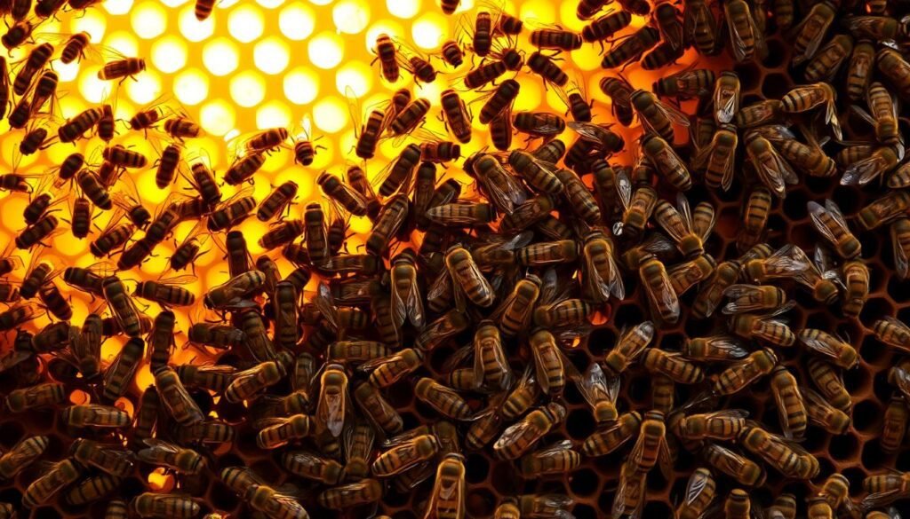 A swarm of worker bees clustered around the honeycomb, their wings beating rapidly to create a gentle breeze. The interior of the hive is bathed in a warm, golden light, casting a soft glow on the intricate hexagonal structures. Tiny water droplets cling to the comb's surface, evaporating and lowering the ambient humidity. The bees' collective movement and body heat drive this evaporative cooling process, maintaining the ideal climate for the hive's delicate ecosystem. The scene conveys a sense of harmony and efficiency, as the bees work in synchrony to regulate the hive's environment.