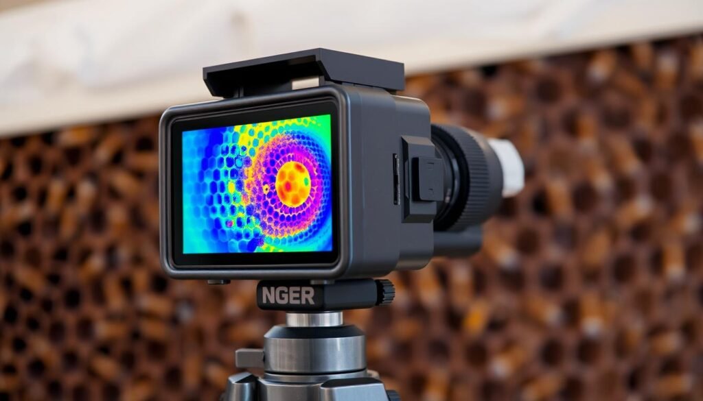 A thermal camera rests on a tripod, its lens capturing the radiant heat signatures of a beehive. The image is a vivid spectrum of colors, with the brood nest glowing a warm orange, surrounded by cooler blues and greens of the comb. The camera's design features a sturdy metal body, a high-resolution sensor, and a specialized lens optimized for infrared imaging. The scene is bathed in soft, diffused lighting, creating a sense of depth and clarity. The camera's position offers a comprehensive view of the hive's activity, ready to provide valuable insights into the colony's thermal patterns and brood health.