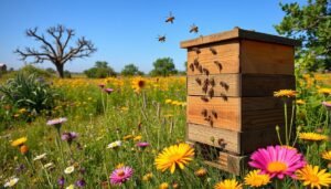 A thriving beehive in a Texas wildflower field with bees actively working