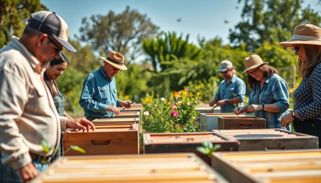 A tranquil community garden setting in the foreground features a diverse group of veterans engaging in beekeeping activities. They are dressed in modest, professional casual attire, smiling as they inspect beehives. In the middle ground, lush greenery and colorful flowers create an inviting atmosphere, with bees buzzing around. The background showcases soft, blurred trees and a clear blue sky, suggesting a warm, sunny day. Natural lighting casts gentle shadows, adding depth and warmth to the scene. The overall mood is uplifting and therapeutic, highlighting the bond between nature and community, focusing on healing and connection.