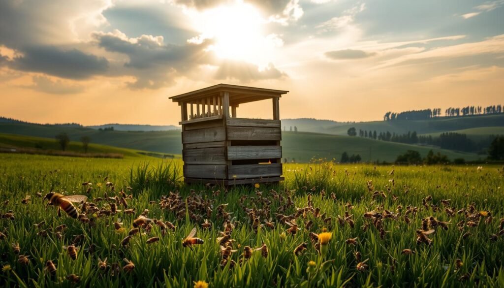 A tranquil countryside scene, bathed in soft, golden light as the late afternoon sun breaks through wispy storm clouds. In the foreground, a lush, verdant meadow is alive with buzzing activity - a colony of honeybees tending to their hive, their wings a blur as they dart from flower to flower, collecting precious nectar. In the middle ground, a weathered wooden structure stands, its sturdy frame providing shelter for the industrious insects. Beyond, rolling hills stretch out, with a distant line of trees swaying gently in a light breeze. The overall atmosphere is one of harmony and interconnectedness, capturing the delicate balance between the bees, their environment, and the ever-changing forces of nature.