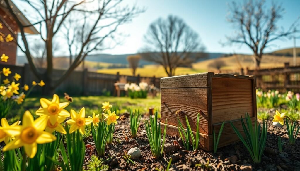A tranquil early spring scene set in a vibrant backyard, showcasing blooming daffodils, crocuses, and fresh green shoots sprouting from the ground. In the foreground, a small wooden beehive sits nestled among the flowers, with bees gently buzzing around, illustrating the busy life returning to nature. The middle ground features a clear sky with soft sunlight filtering through, casting a warm glow over the scene. The background displays budding trees with tender leaves and a hint of distant rolling hills, capturing the essence of renewal. The atmosphere is peaceful and invigorating, emphasizing the transition into spring, while the angle is slightly elevated as if viewed from a beekeeper’s perspective, creating an engaging and uplifting mood.