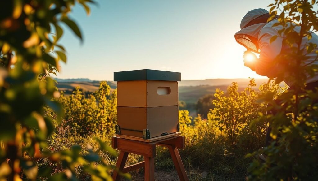 A tranquil scene of a beekeeper carefully observing a portable beehive amidst a lush, verdant landscape. The beekeeper, clad in a protective suit, leans in, intently studying the hive's activity through a magnifying glass. Warm, golden sunlight filters through the surrounding foliage, casting a soft glow on the scene. The hive, compact and easily transportable, sits atop a sturdy wooden stand, symbolizing the convenience and mobility of this travel-friendly beekeeping setup. In the distance, rolling hills and a clear blue sky create a picturesque backdrop, conveying a sense of serenity and the harmonious coexistence of humans and nature.