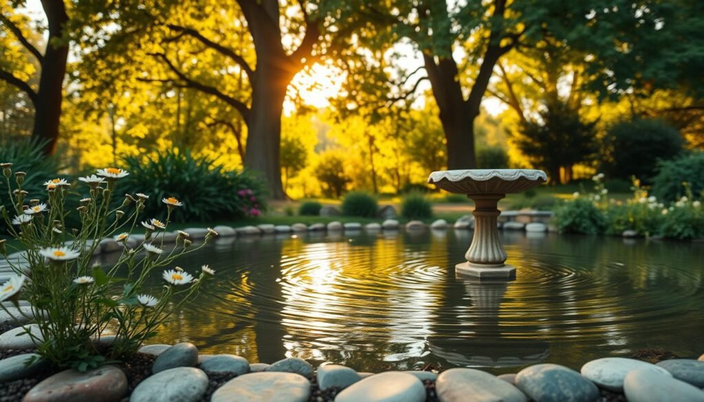 A tranquil water source in a serene garden setting, featuring a small, clear pond surrounded by lush greenery. In the foreground, delicate wildflowers bloom near the water's edge, while smooth pebbles create a natural border. The middle ground showcases a birdbath, elegantly designed, providing a safe drinking spot for bees and other pollinators. In the background, tall trees stand majestically, their leaves softly illuminated by warm golden sunlight filtering through, creating dappled shadows. The overall atmosphere is peaceful and inviting, emphasizing the importance of providing water for bees in a safe environment. Use a wide-angle lens to capture the expansive beauty of the scene, ensuring vibrant colors and clear details, with gentle ripples reflecting the sky above.