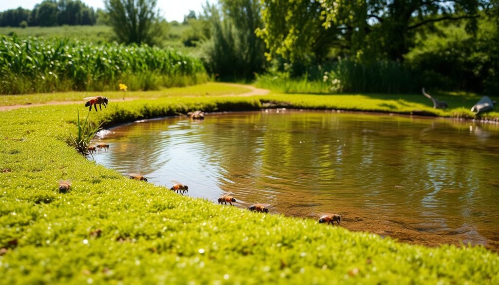 A tranquil watering hole nestled in a lush, verdant meadow. In the foreground, a gently sloping bank with soft, mossy ground cover invites thirsty bees to dip their proboscises into the crystal-clear water. The middle ground features a shallow pool, its surface rippling gently in the warm afternoon sunlight, creating dappled reflections. In the background, a verdant line of trees frames the scene, their branches swaying softly in a light breeze. The overall mood is one of serenity and natural abundance, perfectly suited to attract and sustain a thriving apiary.