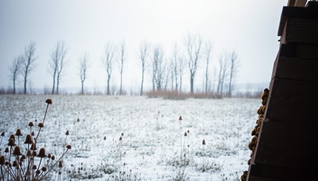 A tranquil winter landscape, illuminated by a soft, diffused light. In the foreground, a cluster of bees huddled together, their fuzzy bodies nestled in the crevices of a weathered wooden beehive. The middle ground showcases a lush, snow-dusted meadow, dotted with the dried stalks of late autumn flowers. In the background, a row of bare, slender trees stands silhouetted against a pale, overcast sky, hinting at the impending chill. The scene exudes a sense of anticipation, as if the bees are preparing for the unpredictable challenges of the changing seasons.