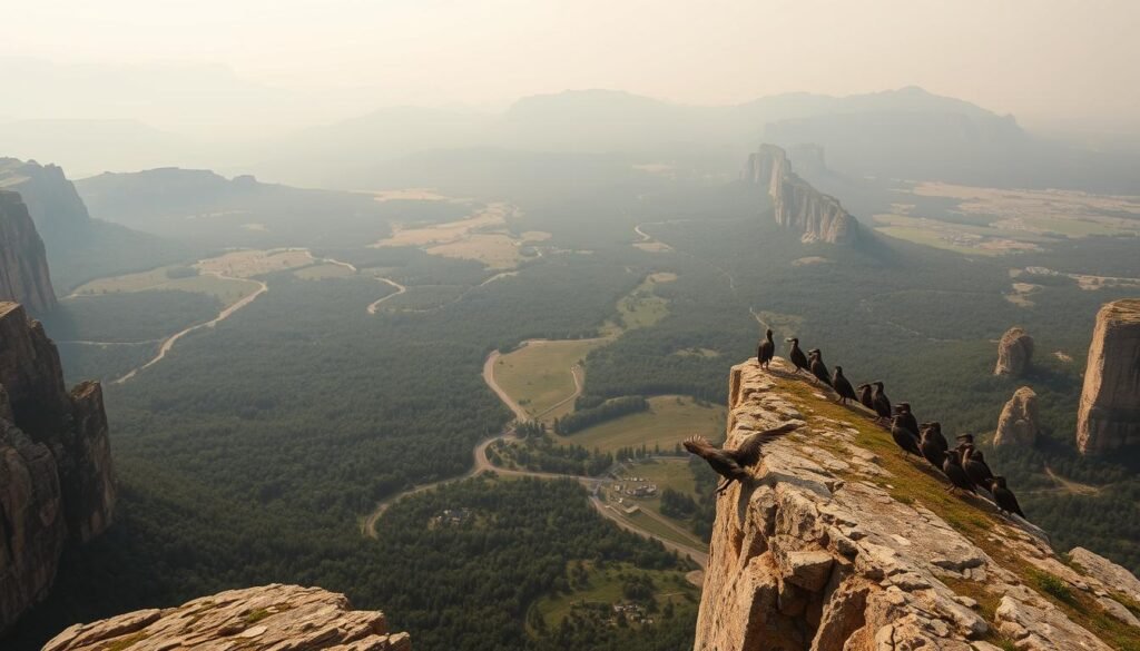 A vast, fragmented landscape stretches out before the viewer, dotted with towering cliffs and rolling hills. In the foreground, a colony of birds perches precariously on the edge of a cliff, their wings outstretched as they survey the scene. The middle ground is filled with a patchwork of lush forests and open meadows, intersected by winding roads and paths. The background is hazy and indistinct, with the distant horizon obscured by a soft, atmospheric haze. The lighting is soft and diffuse, casting a warm glow over the entire scene. The overall mood is one of tranquility and contemplation, inviting the viewer to consider the delicate balance between the natural world and the human-made elements that shape it.
