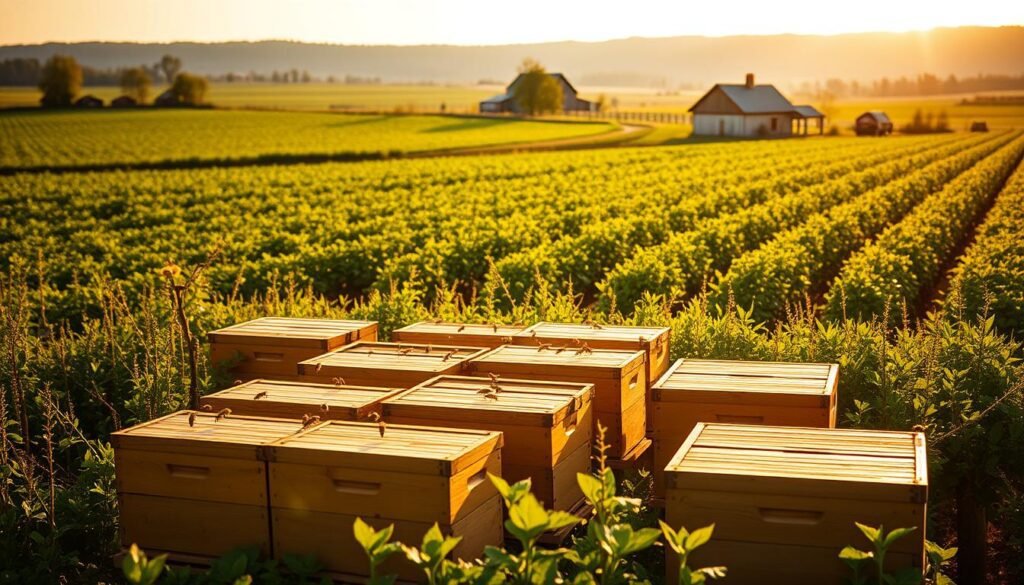 A verdant agricultural landscape, bathed in warm, golden sunlight. In the foreground, a row of freshly placed beehives, their wooden exteriors gleaming. Bees dart in and out, pollinating the nearby crops. The hives are arranged in a precise, geometric pattern, optimizing the coverage and efficiency of the pollination process. In the middle ground, rows of thriving crops stretch out, their lush foliage swaying gently in the breeze. In the distance, a picturesque farmhouse and a few barns provide a sense of scale and context. The overall atmosphere is one of harmonious coexistence between the agricultural operations and the pollinating insects, a testament to the importance of their symbiotic relationship.