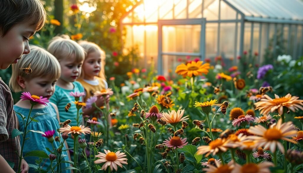 A verdant garden bursting with vibrant flowers, where a colony of industrious bees diligently pollinate the blooms. In the foreground, a group of children observe the bees' activities with fascination, their faces aglow with wonder. The middle ground showcases a variety of bee-friendly plants, their petals swaying gently in the soft breeze. In the background, a sun-dappled greenhouse stands as a haven for the bees, its glass panels casting a warm, golden light across the scene. The overall mood is one of educational discovery and a deep connection to the natural world.