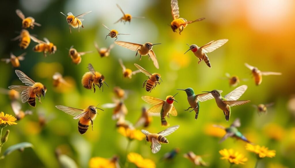 A vibrant and detailed photograph of a diverse array of pollinators, including honeybees, bumblebees, butterflies, and hummingbirds, against a lush, verdant background. The pollinators are shown in mid-flight, their wings captured in graceful motion, highlighting their unique shapes, colors, and behaviors. The scene is illuminated by warm, natural lighting, with a shallow depth of field that focuses attention on the pollinators while softening the background. The overall composition conveys a sense of harmony and interconnectedness between the various pollinator species, reflecting their crucial role in the ecosystem.