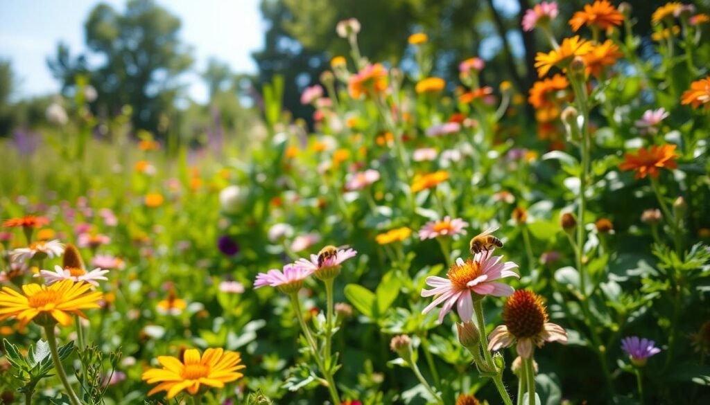 A vibrant and lush garden filled with a diverse assortment of forage resilience plants that attract bees, featuring colorful wildflowers, clover, and herbs. In the foreground, close-up views of blooming plants with bees energetically pollinating, showcasing their delicate features. The middle ground reveals a rich tapestry of greenery, with various plant heights and textures, illustrating diversity. The background includes soft-focus trees and a bright blue sky, suggesting a sunny day with gentle sunlight filtering through the leaves, creating dappled light effects. The atmosphere is lively and harmonious, emphasizing the importance of plant diversity for sustaining bee populations and enhancing nectar and pollen sources. The overall image should evoke a sense of hope and ecological balance.