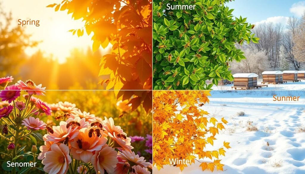 A vibrant, artistic representation of the four seasons as they relate to bee feeding strategies, divided into quadrants. In the foreground, lush blooming flowers and busy bees in spring, rich green foliage and warm sun for summer, colorful leaves and a gentle breeze for fall, and soft snow covering the ground with hives in winter in the background. Each quadrant showcases seasonal activities: feeding bees syrup in spring, natural foraging in summer, preparing for winter stores in fall, and rest during winter. The lighting is bright and warm, emphasizing the vitality of spring and summer, contrasting with the cool, serene hues of fall and winter. The overall mood is one of harmony and nature's cycle, highlighting the importance of seasonal awareness in beekeeping.