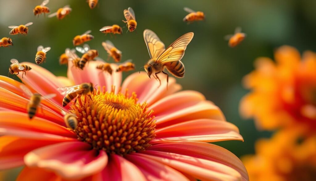 A vibrant, close-up illustration of pollination syndromes, showcasing the intricate relationships between plants and their pollinators. In the foreground, a lush, colorful flower with delicate petals and a captivating nectar-rich center. Surrounding the flower, a swarm of honey bees, their bodies dusted with pollen, hover and dart, their movements captured in a dynamic, almost choreographic manner. In the middle ground, a graceful butterfly, its wings spread wide, delicately sipping nectar from the flower's inviting blooms. The background is softly blurred, allowing the central pollination process to take center stage, bathed in warm, diffused lighting that accentuates the vibrant hues and textures. The overall composition emphasizes the beauty, complexity, and evolutionary significance of plant-pollinator interactions.