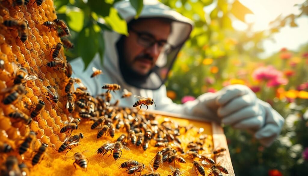 A vibrant close-up image of a beehive bustling with activity, showcasing bees in various stages of work. In the foreground, several bees hover against the backdrop of golden honeycomb cells filled with glistening honey. In the middle ground, a beekeeper in professional attire carefully inspects the hive, wearing protective gloves and a veil. The background is a soft-focus garden with colorful flowers, creating a serene atmosphere. Natural light filters through the leaves, casting gentle shadows and highlighting the bees' intricate details. The mood is harmonious and informative, capturing the essence of beekeeping and dispelling myths about these vital insects. The scene evokes curiosity and respect for the role of bees in nature. A vibrant close-up image of a beehive bustling with activity, showcasing bees in various stages of work. In the foreground, several bees hover against the backdrop of golden honeycomb cells filled with glistening honey. In the middle ground, a beekeeper in professional attire carefully inspects the hive, wearing protective gloves and a veil. The background is a soft-focus garden with colorful flowers, creating a serene atmosphere. Natural light filters through the leaves, casting gentle shadows and highlighting the bees' intricate details. The mood is harmonious and informative, capturing the essence of beekeeping and dispelling myths about these vital insects. The scene evokes curiosity and respect for the role of bees in nature.