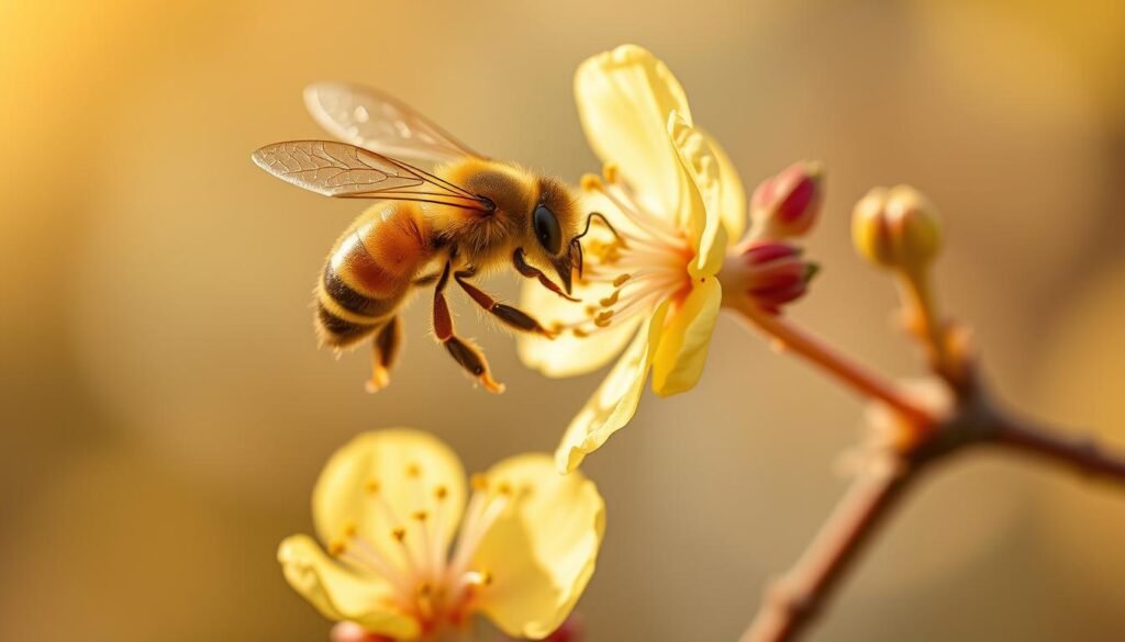 A vibrant, close-up image of a honeybee pollinating a blooming flower, capturing the essence of spring's nectar flow. The bee hovers delicately over a pale yellow, delicate blossom, its wings a blur of motion as it collects the sweet, golden nectar. Warm, soft lighting filters through the petals, casting a gentle glow on the scene. The background is blurred, allowing the bee and flower to take center stage, showcasing the intimate relationship between pollinator and plant. The composition is balanced and visually captivating, evoking the fleeting beauty and abundance of the early spring season.