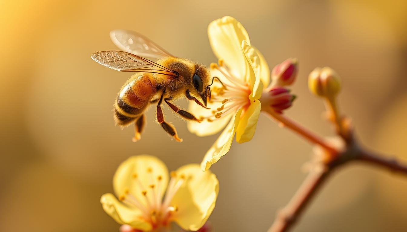 A vibrant, close-up image of a honeybee pollinating a blooming flower, capturing the essence of spring's nectar flow