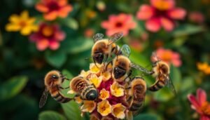 A vibrant close-up of several stingless bees, members of the Meliponini tribe, resting on a cluster of propolis-rich flowers