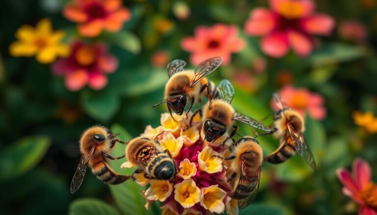 A vibrant close-up of several stingless bees, members of the Meliponini tribe, resting on a cluster of propolis-rich flowers
