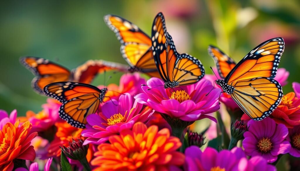 A vibrant close-up scene of butterflies gracefully perched on a lush, blooming flower bed, sipping nectar with their delicate proboscises. The foreground features several species of butterflies in vivid colors - delicate monarchs, iridescent swallowtails, and dainty painted ladies - their wings softly fluttering as they feast. The middle ground showcases the rich, velvety petals of the nectar-bearing flowers, their hues ranging from deep purples to vibrant reds and oranges. Soft, diffused lighting casts a warm, golden glow over the scene, highlighting the intricate patterns and textures. The background is slightly blurred, creating a sense of depth and focus on the captivating butterfly-flower interactions. The overall mood is one of natural harmony and the delicate interdependence between these pollinating insects and their floral sustenance.