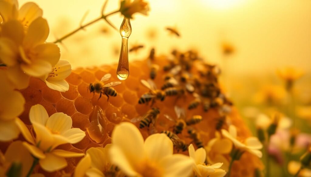 A vibrant, close-up shot of a honeycomb nestled within a lush, flowering meadow. In the foreground, golden droplets of fresh nectar glisten on delicate petals, inviting the viewer to experience the sweetness. In the middle ground, a swarm of industrious honeybees busily pollinate the blooming flora, their fuzzy bodies captured in motion. The background depicts a warm, hazy sky, casting a serene, golden glow over the entire scene. Soft, diffused lighting highlights the intricate textures of the honeycomb and the velvety petals. The overall composition conveys the harmonious relationship between nature's bounty and the hardworking bees that sustain it.