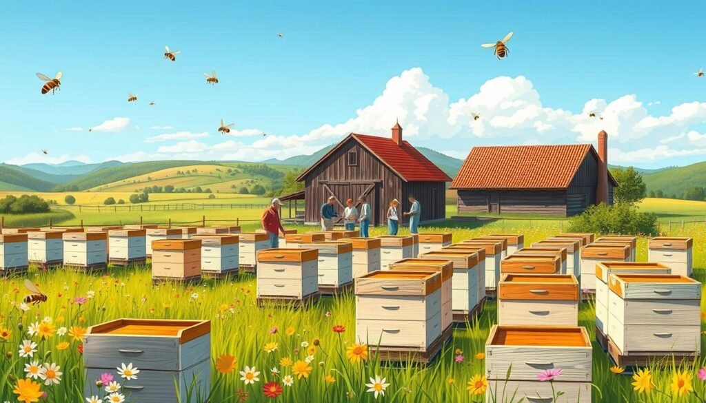 A vibrant, detailed illustration of a cooperative apiary model for small-scale farmers. In the foreground, beehives arranged in an orderly grid, their wooden frames and white-painted exteriors gleaming in the warm morning light. Surrounding the hives, a lush meadow dotted with colorful wildflowers, pollinating bees in flight. In the middle ground, a group of farmers inspecting the hives, sharing knowledge and working together. Behind them, a traditional barn with a red-tiled roof, nestled amidst rolling hills and a cloudless azure sky. The scene conveys a sense of harmony, community, and sustainable agricultural practices.