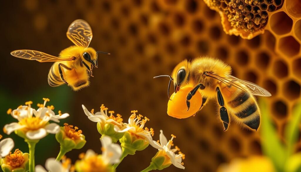 A vibrant, detailed illustration showcasing the distinct regulation and sensitivity between nectar and pollen foraging in bees. In the foreground, two worker bees hover near delicate flowers, their bodies coated in pollen. In the middle ground, a bee dips its proboscis into a nectar-rich bloom, its abdomen swollen with the sweet liquid. The background depicts the hive, its intricate honeycomb structure filled with busy activity. Warm, golden lighting illuminates the scene, casting a serene, natural atmosphere. Captured through a macro lens, the image highlights the intricate dance between these two vital foraging roles and their crucial importance in the lifecycle of the colony.