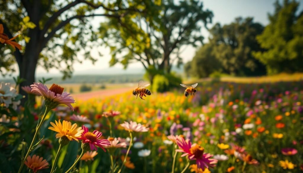 A vibrant, detailed scene of nectar flow in a lush, verdant landscape. In the foreground, a close-up of bees gracefully darting between blooming flowers, their wings shimmering in the warm, golden afternoon sunlight. The middle ground features a diverse array of flora, from towering trees to colorful meadows, all teeming with pollinators gathering precious nectar. In the background, a hazy horizon suggests the vastness of the United States, conveying the scale and importance of this seasonal pattern. The composition is sharp, with a shallow depth of field that focuses the viewer's attention on the dynamic, living elements of the scene.