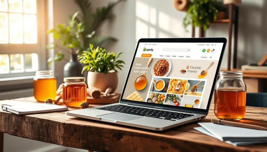 A vibrant digital workspace showcasing a high-converting e-commerce platform interface tailored for selling raw honey online. In the foreground, a sleek laptop is open, displaying an attractive Shopify store with vibrant images of honey jars, bees, and organic produce. Beside the laptop, a rustic wooden table features jars of raw honey, honeycomb, and natural ingredients, emphasizing an earthy, organic feel. The middle ground highlights a lush potted plant and a notepad filled with marketing notes. In the background, soft ambient lighting creates a warm, inviting atmosphere, while sunlight streams through a window, illuminating the space. The scene aims for a professional, yet cozy vibe, inspiring confidence in online business success.