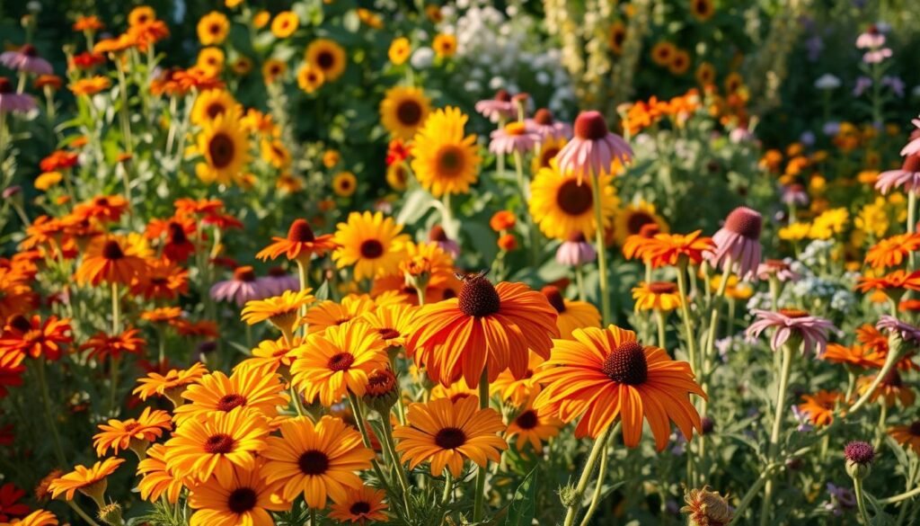 A vibrant garden in warm afternoon light, filled with a colorful array of bee-friendly annuals. In the foreground, clusters of cheerful marigolds, zinnias, and cosmos sway gently. The middle ground showcases the bold, nectar-rich blooms of sunflowers and purple coneflowers. In the background, a tapestry of trailing nasturtiums, sweet alyssum, and Siberian wallflowers create a lush, inviting backdrop. The scene exudes an air of abundance, with a focus on plants that provide continuous bloom and sustenance for pollinators. Captured with a wide-angle lens to showcase the garden's depth and diversity.