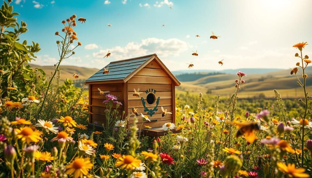 A vibrant landscape featuring a thriving honeybee hive nestled amidst a lush, sun-dappled meadow. The hive, crafted with intricate detail, is surrounded by a profusion of flowering plants and herbs, their petals gently swaying in a warm breeze. Honeybees flit from blossom to blossom, their golden bodies shimmering in the soft, golden light that filters through the scene. In the background, rolling hills and a cloudless azure sky create a serene, pastoral atmosphere, conveying the harmony and natural abundance that characterizes a healthy, productive honey bee environment.