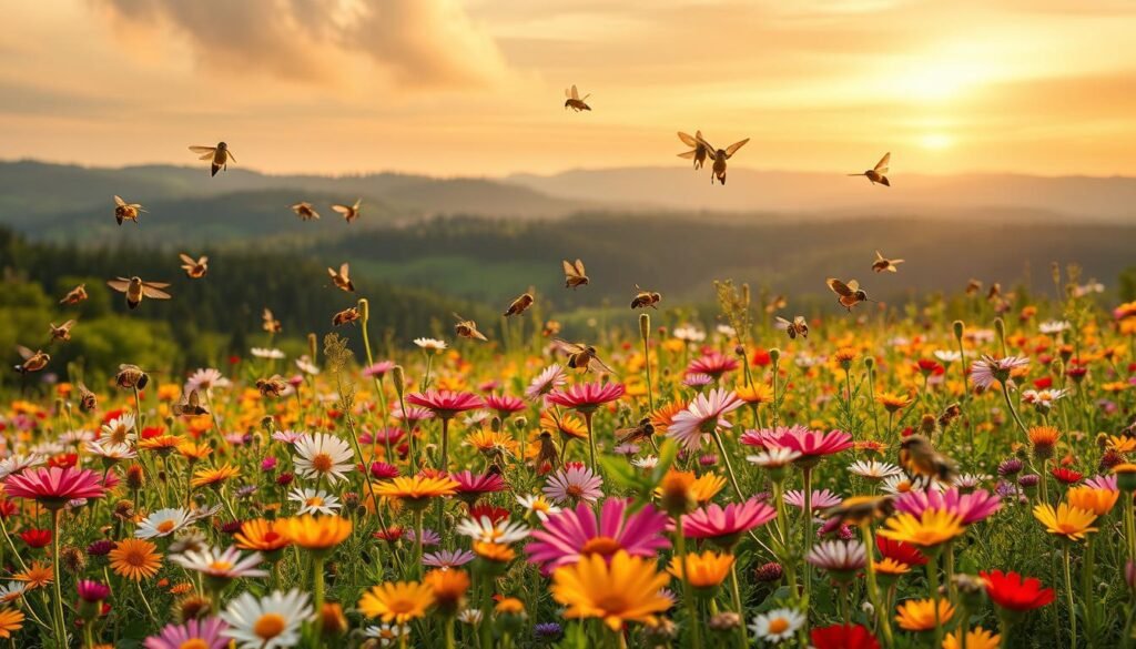 A vibrant landscape of blooming flora and active pollinators, set against a backdrop of a changing climate. In the foreground, a lush, colorful meadow filled with a diverse array of flowers, their petals reaching towards the sun. Amidst the blossoms, a variety of pollinating insects - bees, butterflies, and hummingbirds - dart and hover, their movements captured in a sense of motion and energy. In the middle ground, rolling hills and forested areas, with subtle shifts in the foliage hinting at the passing of the seasons. The sky above, a blend of warm, golden light and wispy, cloud-laden hues, suggests the gradual shifts in temperature and precipitation patterns. The overall scene conveys the delicate balance of nature, and the impact that climate change may have on the intricate relationships between plants and their pollinators.