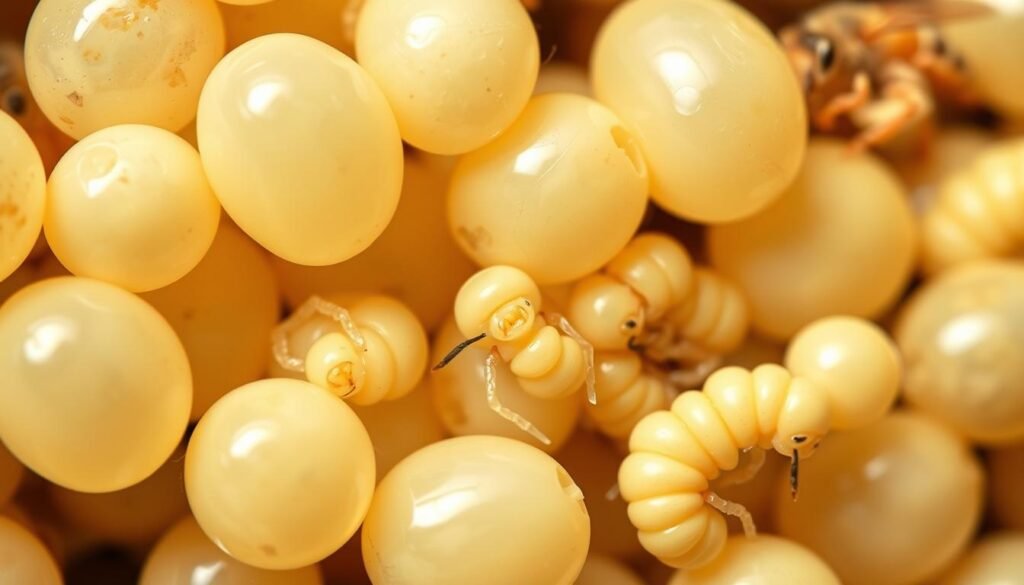 A vibrant life cycle of honeybee eggs and larvae, meticulously rendered. In the foreground, a cluster of translucent white eggs, their delicate shells reflecting a soft, natural light. Emerging from the eggs, plump, creamy-colored larvae wriggle and curl, their segmented bodies and feeding mouths visible. In the middle ground, a trio of larvae in various stages of development, their skin transitioning from pale to a deeper, golden hue. The background features a warm, earthy palette, with hints of honeycomb texture and subtle shadows, creating a sense of depth and the natural habitat of the hive. Captured with a macro lens, this image offers an intimate, detailed exploration of the early stages of the honeybee life cycle. A vibrant life cycle of honeybee eggs and larvae, meticulously rendered. In the foreground, a cluster of translucent white eggs, their delicate shells reflecting a soft, natural light. Emerging from the eggs, plump, creamy-colored larvae wriggle and curl, their segmented bodies and feeding mouths visible. In the middle ground, a trio of larvae in various stages of development, their skin transitioning from pale to a deeper, golden hue. The background features a warm, earthy palette, with hints of honeycomb texture and subtle shadows, creating a sense of depth and the natural habitat of the hive. Captured with a macro lens, this image offers an intimate, detailed exploration of the early stages of the honeybee life cycle.