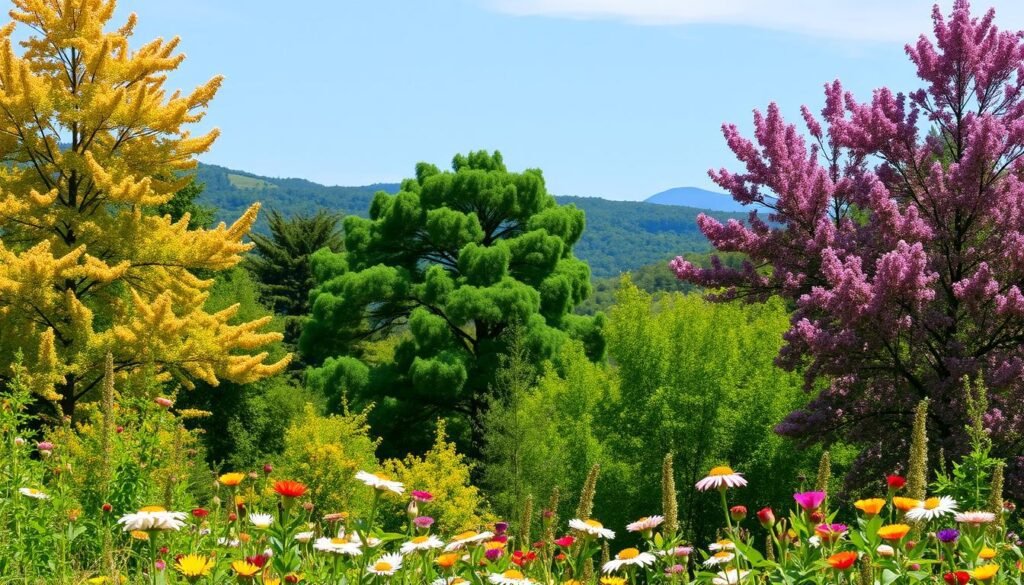 A vibrant, lush forest scene showcasing the top tree choices for pollinators in U.S. reforestation projects. In the foreground, a diverse array of flowering trees stand tall, their blossoms in full bloom, attracting a swarm of bees, butterflies, and other pollinators. The middle ground features mature, stately trees with rich, verdant foliage, providing ample shade and shelter. In the background, rolling hills and a clear blue sky create a serene, natural backdrop. The lighting is soft and diffused, highlighting the delicate petals and the intricate dance of the pollinating insects. Captured with a wide-angle lens, this image conveys the importance of thoughtful tree selection for creating pollinator-friendly environments in reforestation efforts.