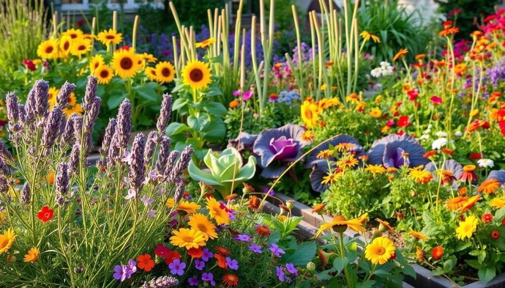 A vibrant, lush urban garden bursting with a diverse array of forage plants. In the foreground, a cluster of fragrant flowering herbs - lavender, thyme, and rosemary - sway gently in a soft breeze, their petals catching the warm, golden light. Trailing vines of trailing nasturtiums and sweet alyssum spill over raised garden beds, creating a colorful, cascading effect. In the middle ground, tall stalks of sunflowers and cosmos reach towards the sky, their bright blooms contrasting with the deep green of leafy kale and Swiss chard. The background is filled with a mix of pollinator-friendly perennials - echinacea, black-eyed Susans, and butterfly bushes - framing the scene with a riot of colors. The overall impression is one of abundance, vitality, and a harmonious blend of cultivated and wild elements, creating an oasis for urban bees and other pollinators.