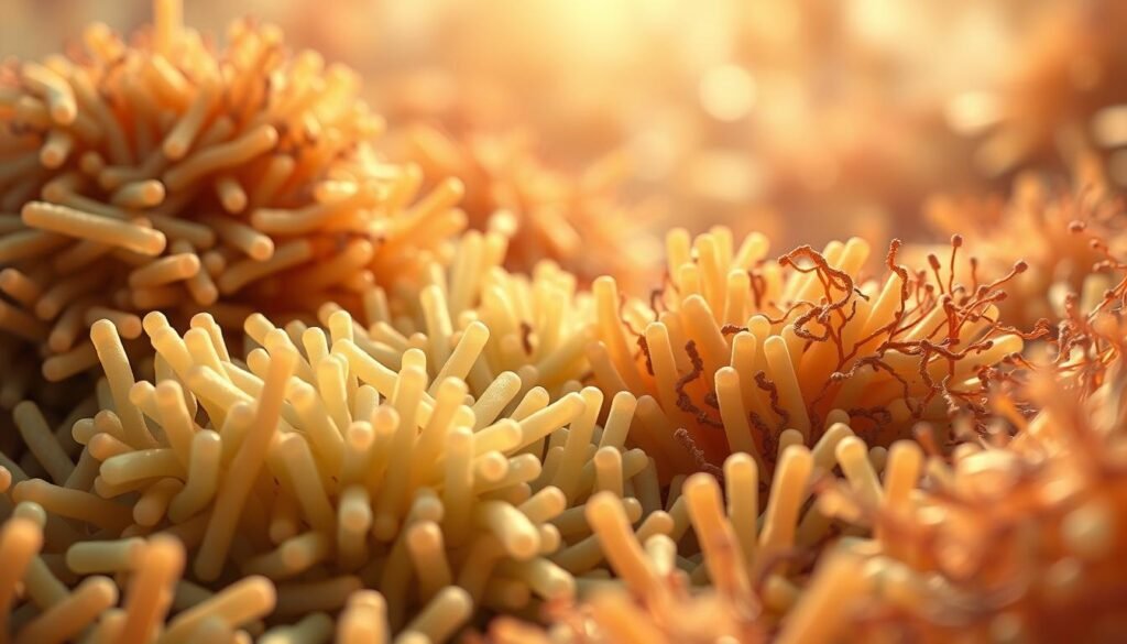 A vibrant, macro-level illustration of lactic acid bacteria (LAB) in a complex microbial community. Sharply focused, with crisp details showcasing the rod-shaped, Gram-positive cells and their distinctive features. Warm, natural lighting illuminates the scene, casting subtle shadows that convey depth and volume. The foreground features a dense cluster of LAB cells, their cell walls and membranes rendered with meticulous precision. The middle ground depicts a diverse array of other microbial taxa, including filamentous lactic acid bacteria (FLAB) and the yeast Lachancea kunkeei, all coexisting in a harmonious, textured environment. The background suggests a softly blurred, organically-patterned backdrop, hinting at the complex ecosystem in which these microbes thrive.