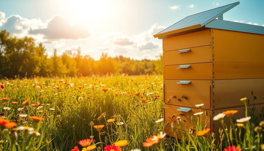 A vibrant meadow in warm, golden sunlight, with a large, healthy beehive in the foreground. The beehive is equipped with a sleek, solar-powered ventilation system, its panels gleaming in the sun. In the middle ground, lush, blooming flowers and thriving bee colonies pollinate the verdant landscape. In the background, a clear blue sky with fluffy white clouds, conveying a sense of tranquility and natural harmony. The scene radiates the key benefits of improved hive health, increased bee productivity, and a thriving, environmentally-friendly ecosystem.