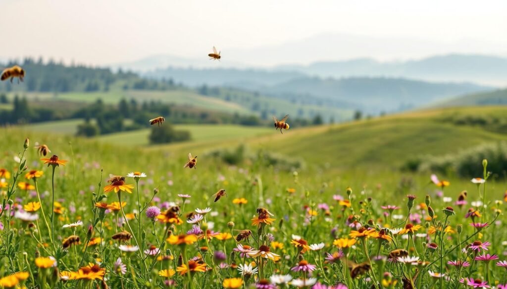 A vibrant meadow under a soft, diffused light. In the foreground, a diversity of pollinating insects - honeybees, bumblebees, and butterflies - gracefully hovering and alighting on a lush array of wildflowers. The middle ground features rolling hills with pockets of blooming shrubs and trees, creating a layered, three-dimensional landscape. In the distance, the silhouette of a mountain range, hazy and ethereal, adds depth and a sense of scale. The overall mood is one of tranquility and ecological balance, capturing the harmony between pollinators and their vital floral resources, even as the effects of climate change loom.