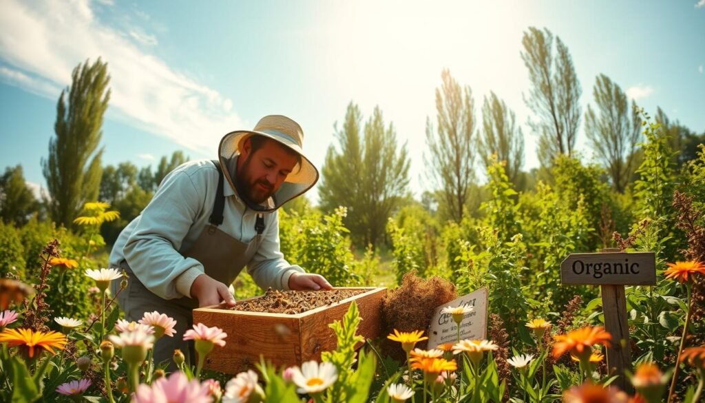 A vibrant organic farm setting showcasing effective mite management in beekeeping. In the foreground, a beekeeper in modest casual clothing carefully examines a framed beehive, surrounded by healthy bees, showcasing a natural pest management approach. The middle ground features blooming flowers and diverse plants attracting beneficial insects, with a small wooden sign indicating organic practices. In the background, a radiant, blue sky with soft sunlight filters through gentle, towering trees, creating a serene atmosphere. The scene is captured at eye level, simulating a warm, inviting day. Emphasize details like the texture of the beekeeper's clothing, the intricate patterns on the bees, and the lush greenery, all contributing to a harmonious ecosystem for sustainable beekeeping. A vibrant organic farm setting showcasing effective mite management in beekeeping. In the foreground, a beekeeper in modest casual clothing carefully examines a framed beehive, surrounded by healthy bees, showcasing a natural pest management approach. The middle ground features blooming flowers and diverse plants attracting beneficial insects, with a small wooden sign indicating organic practices. In the background, a radiant, blue sky with soft sunlight filters through gentle, towering trees, creating a serene atmosphere. The scene is captured at eye level, simulating a warm, inviting day. Emphasize details like the texture of the beekeeper's clothing, the intricate patterns on the bees, and the lush greenery, all contributing to a harmonious ecosystem for sustainable beekeeping.