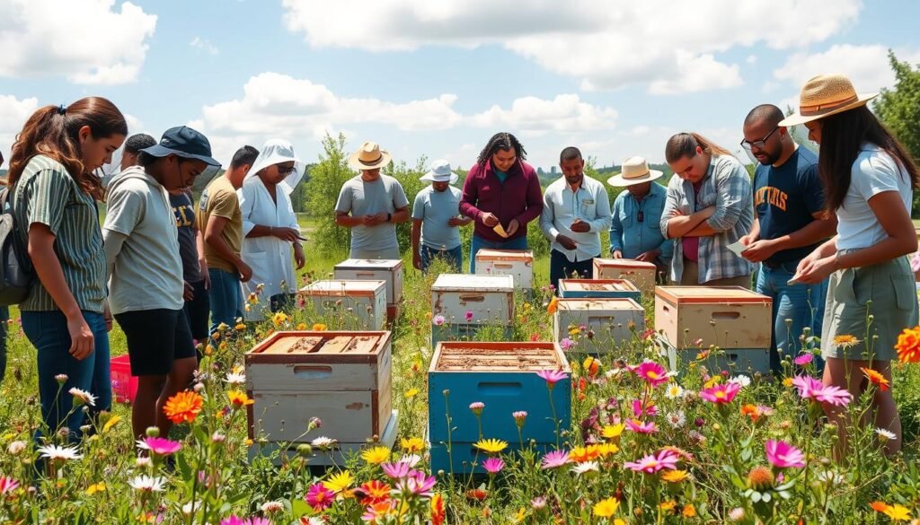 A vibrant outdoor scene depicting the Huneebee beekeeping program. In the foreground, a diverse group of youth participants dressed in modest casual clothing are engaged in beekeeping activities, carefully inspecting hives and wearing protective gear. In the middle ground, several beehives sit surrounded by blooming wildflowers, creating a colorful and inviting atmosphere. In the background, a sunny sky with soft clouds enhances the warm, nurturing environment. The lighting is bright and natural, casting gentle shadows and highlighting the vibrant colors of nature. The mood is uplifting and educational, emphasizing the therapeutic aspects of engaging with nature and bees as part of the rehabilitation program. The image captures a sense of community and healing through hands-on beekeeping experiences.